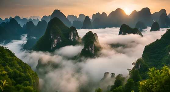 桂林山水合集山峰云海群山云雾缭绕自然风景