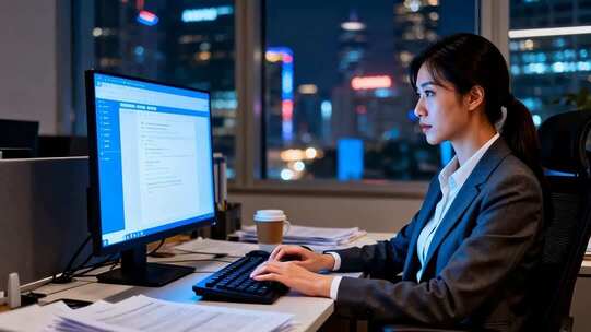 女商人夜晚办公使用电脑