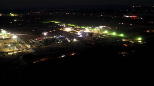 航拍延时鄂州花湖机场夜间不间断施工