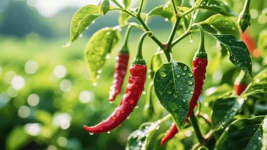 枝头带水珠的红辣椒特写