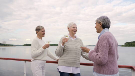 三位老年女士碰杯视频素材模板下载