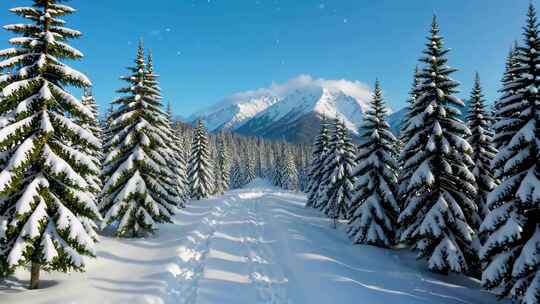 冬季雪山下的雪松林风景
