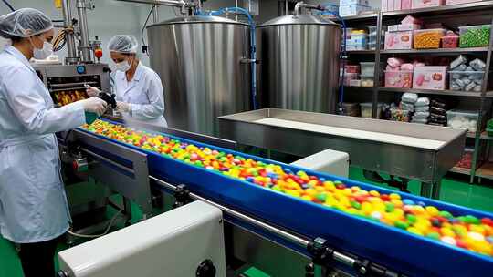 工人在糖果生产流水线作业