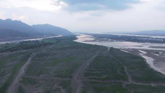 航拍闽江河口湿地小岛果园茉莉花田沙洲河汊