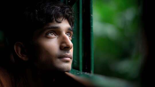 青年男子窗边沉思眺望远方