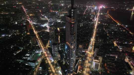 南京市鼓楼区绿地中心紫峰大厦夜景航拍夜晚