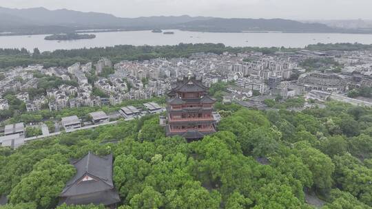 航拍中国浙江杭州西湖雨天城隍阁