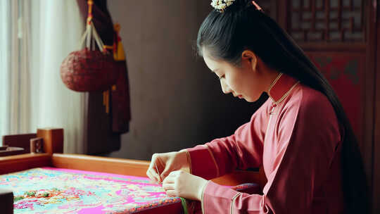 古代女子居家绣花