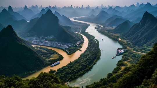 河流贯穿群山的自然风光全景