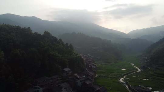 航拍贵州日出肇兴侗寨侗族村落山水大气夜色