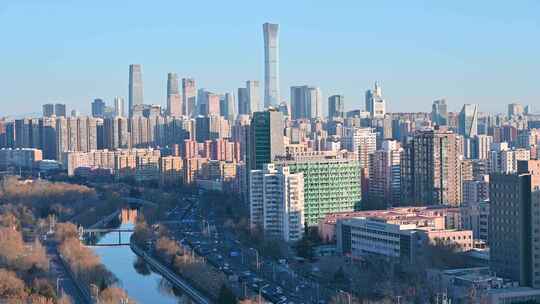 冬季北京国贸CBD城市天际线与车流