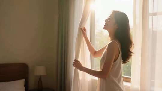 女子卧室清晨拉开窗帘画面