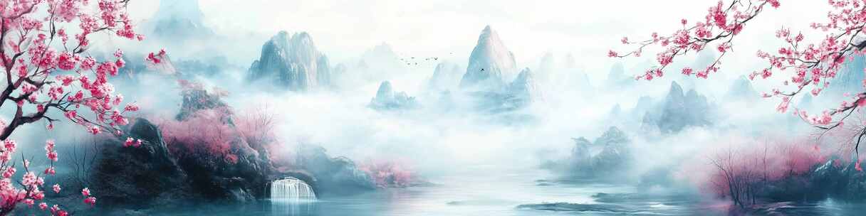 云雾缭绕山间的春日桃花美景