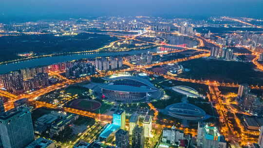 广西体育中心夜景航拍延时