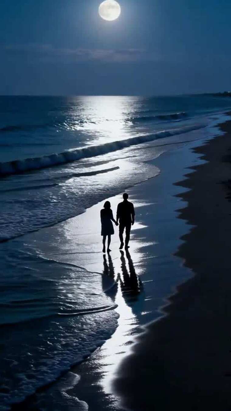 春江花月夜，海上升明月，天涯共此时，情侣手牵手的温馨背影