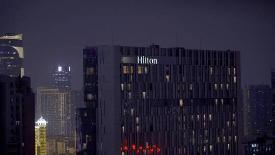 2023广州天河希尔顿酒店夜景亮灯视频素材模板下载