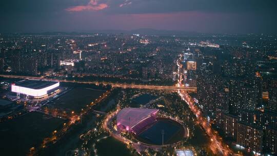 杭州大运河亚运公园曲棍球场城市夜景航拍
