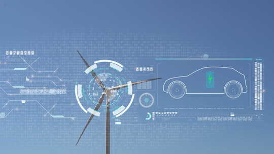 蓝天风力发电和数字模型汽车概念视频素材模板下载