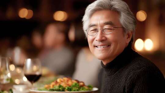 温馨家庭晚餐长辈微笑特写