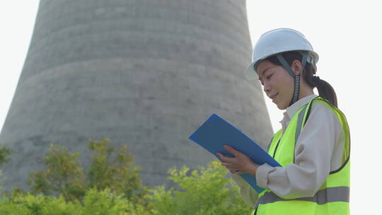 中国人女工程师戴建筑头盔工作记录