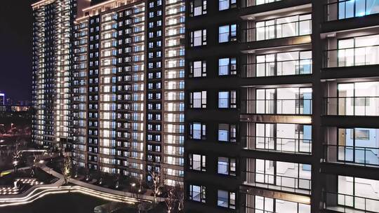住宅居民小区高层建筑夜景航拍视频素材模板下载