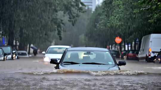 大暴雨城市街道被淹车被水淹