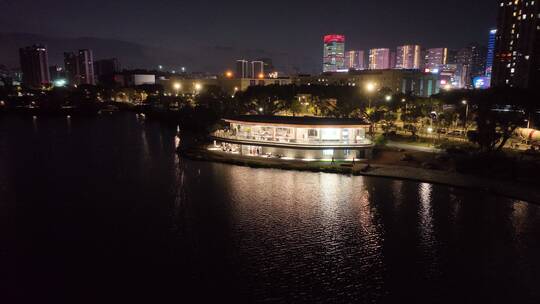 航拍福建福州晋安区晋安湖湖景夜景