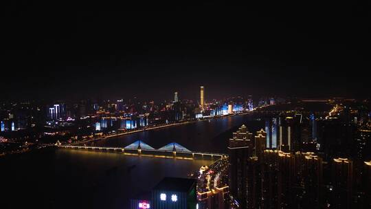 长沙湘江银盆岭大桥夜景航拍
