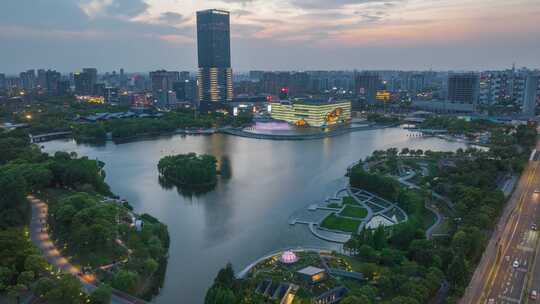 上海保利大剧院远香湖嘉定新城夜景航拍延时视频素材模板下载