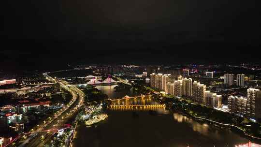 漳州夜景航拍城市河流建筑风光九龙江夜景