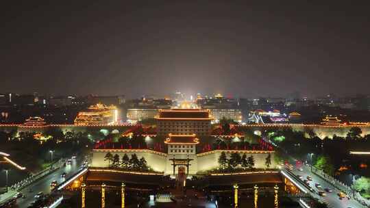 陕西西安永宁门夜景西安城墙夜景航拍