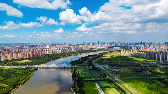 辽宁沈阳南阳湖大桥浑河城市风景航拍延时