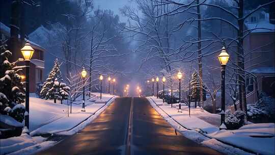 下雪的城市雪景夜晚夜景浪漫孤独意境街道唯