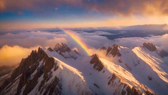 雪山云海间的彩虹美景