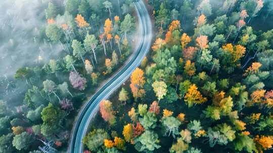 秋天森林航拍 雾气森林 公路汽车广告片头