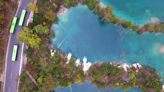 航拍九寨沟树正群海双龙海瀑布彩林钙华彩池