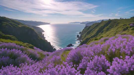 山海间紫色花海风景