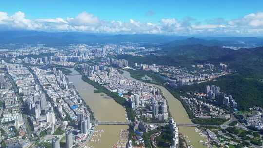 海南三亚游艇基地三亚河高视角航拍城市风光