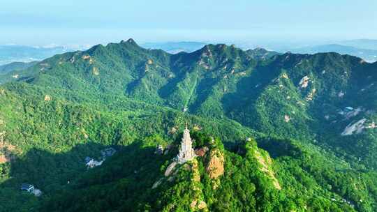 航拍植被茂密的山林及山上佛塔