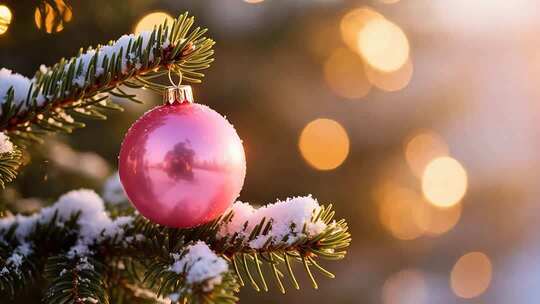 圣诞树枝上的粉色装饰球