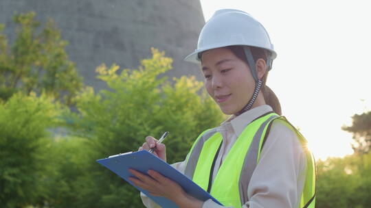 中国人女工程师戴建筑头盔工作记录