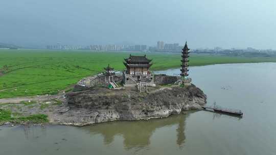 庐山市鄱阳湖落星墩航拍历史人文古建筑风光