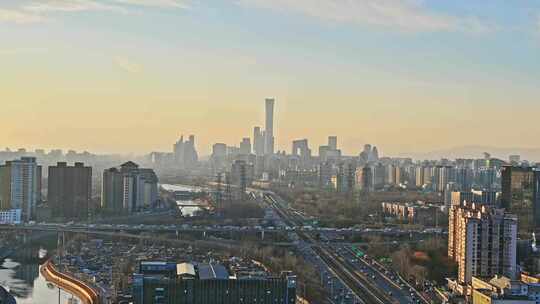 夕阳下北京国贸CBD城市天际线傍晚全景