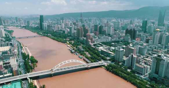 航拍甘肃兰州建筑城市马路元通黄河桥