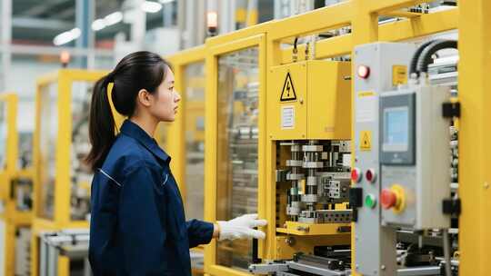 女工操作工厂机械设备