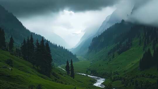 清晨绿色山谷云雾