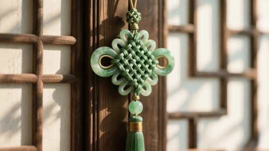 中式木窗上的翡翠中国结挂件