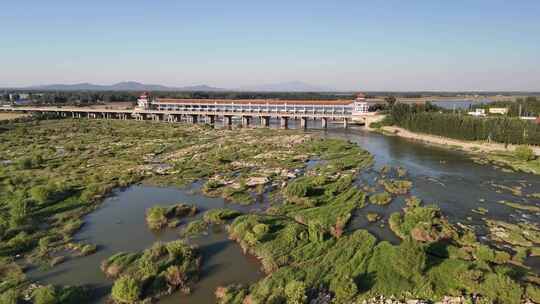 航拍宁阳大汶河堽城坝