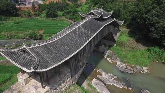 浙江温州泰顺县田间廊桥航拍