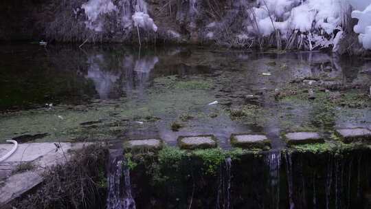 自然小瀑布与水上青苔景观